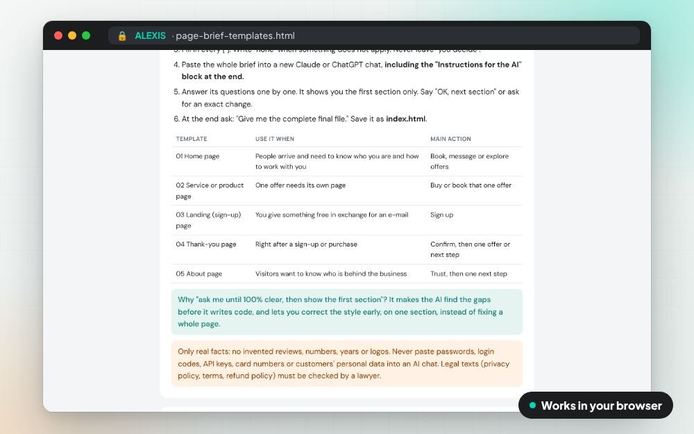 Page Brief Templates: The templates on screen: you fill it in, it does the sums and keeps your answers.