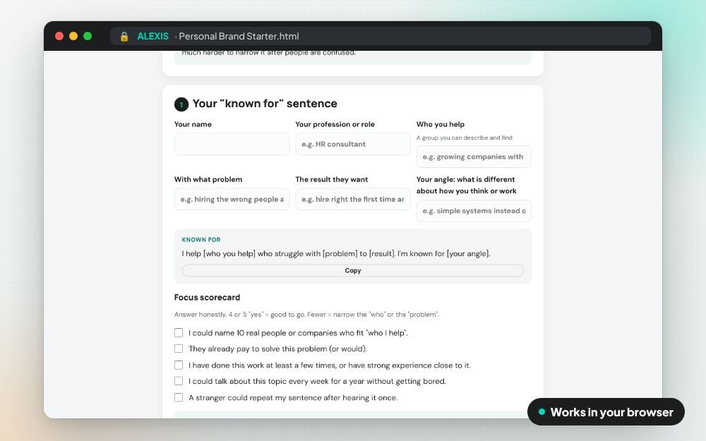 Personal Brand Starter: The workbook on screen: you fill it in, it does the sums and keeps your answers.