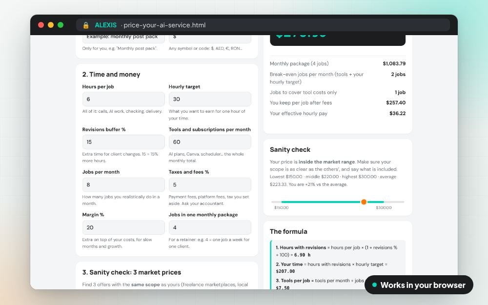 Price Your AI Service: The small app on screen: you fill it in, it does the sums and keeps your answers.