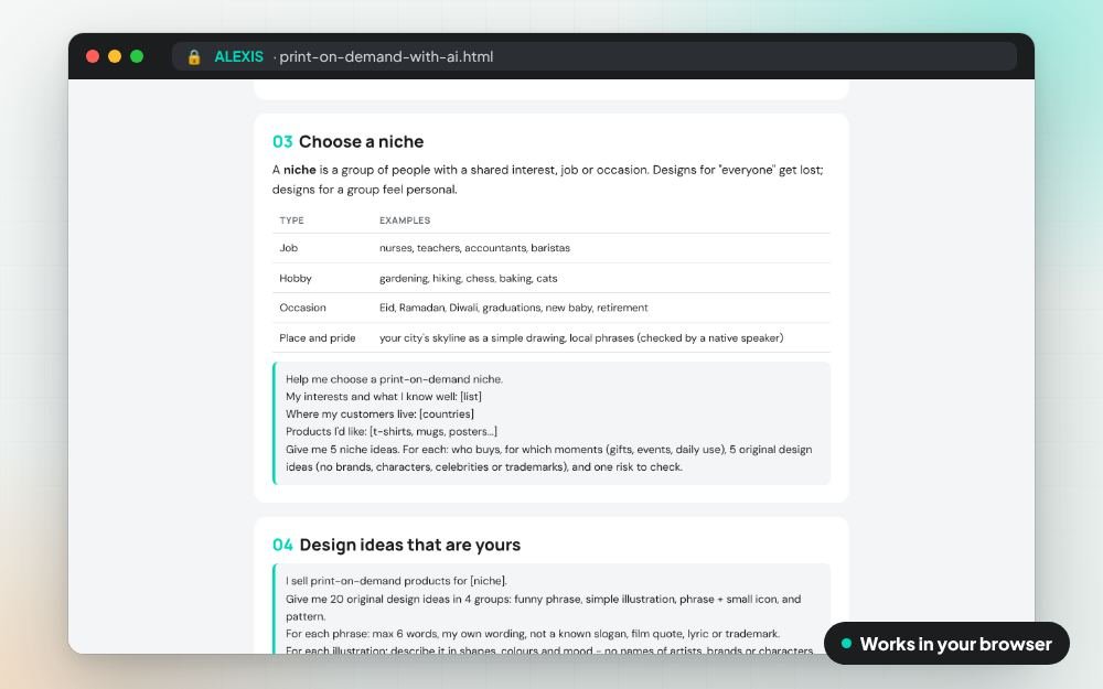 Print-on-Demand Designs with AI: The prompt pack on screen: you fill it in, it does the sums and keeps your answers.