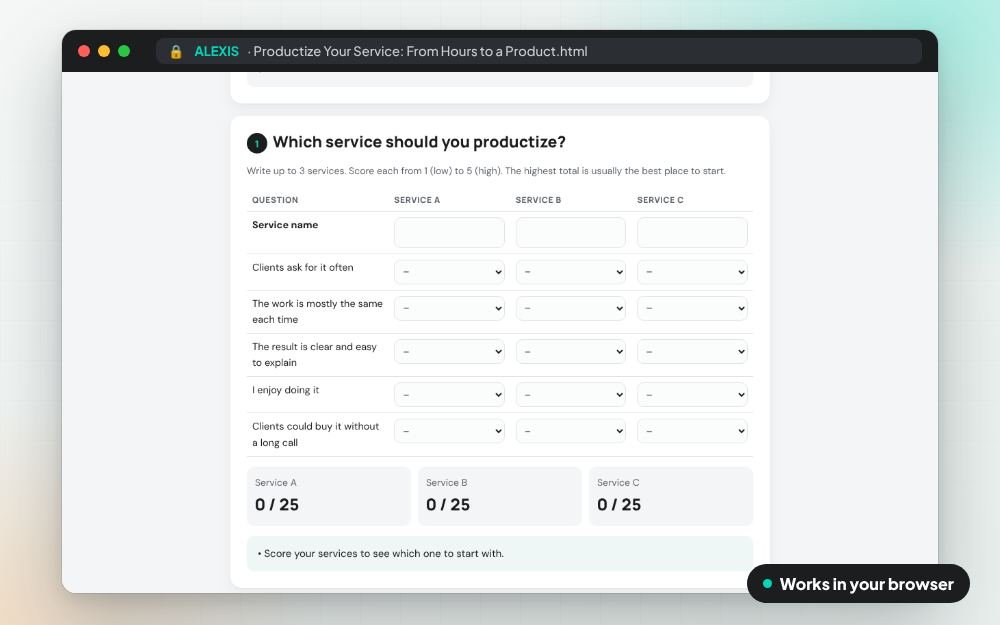 Productize Your Service: From Hours to a Product: The workbook on screen: you fill it in, it does the sums and keeps your answers.