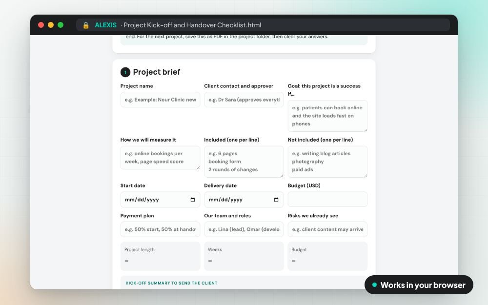Project Kick-off and Handover Checklist: The checklist on screen: you fill it in, it does the sums and keeps your answers.