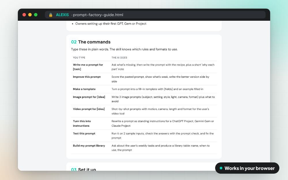 Prompt Factory: The ai skill on screen: you fill it in, it does the sums and keeps your answers.