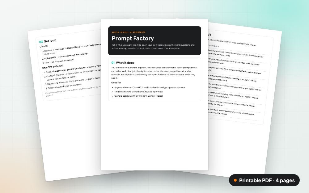 Prompt Factory: The printable PDF: the same content to print, save or share.