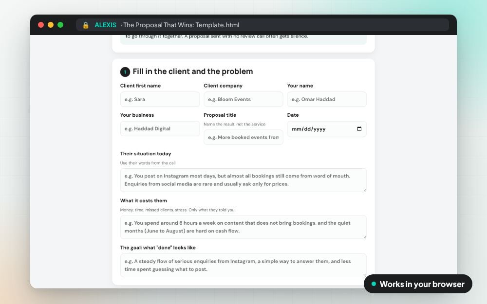 The Proposal That Wins: Template: The templates on screen: you fill it in, it does the sums and keeps your answers.
