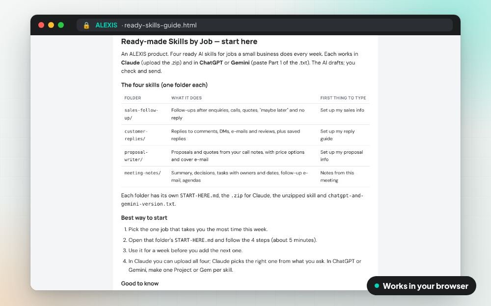 Ready-made Skills by Job: The ai skill on screen: you fill it in, it does the sums and keeps your answers.