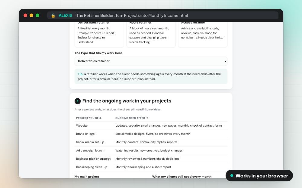 The Retainer Builder: Turn Projects into Monthly Income: The workbook on screen: you fill it in, it does the sums and keeps your answers.
