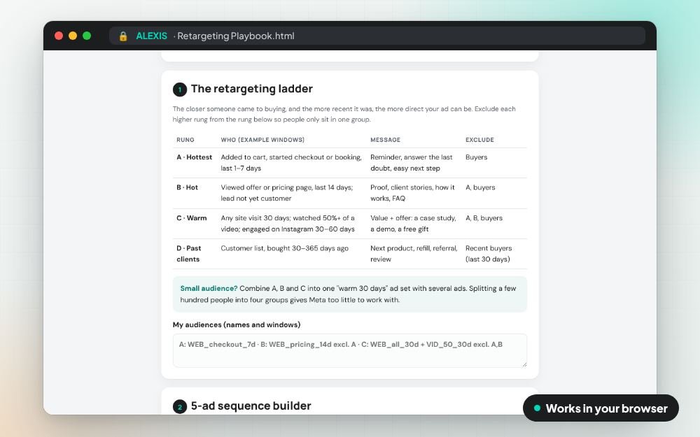 Retargeting Playbook: The workbook on screen: you fill it in, it does the sums and keeps your answers.