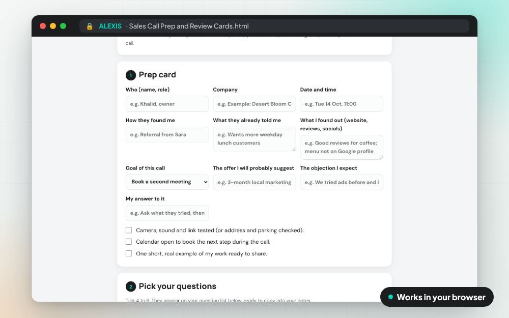 Sales Call Prep and Review Cards: The workbook on screen: you fill it in, it does the sums and keeps your answers.
