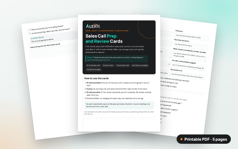Sales Call Prep and Review Cards: The printable PDF: the same content to print, save or share.