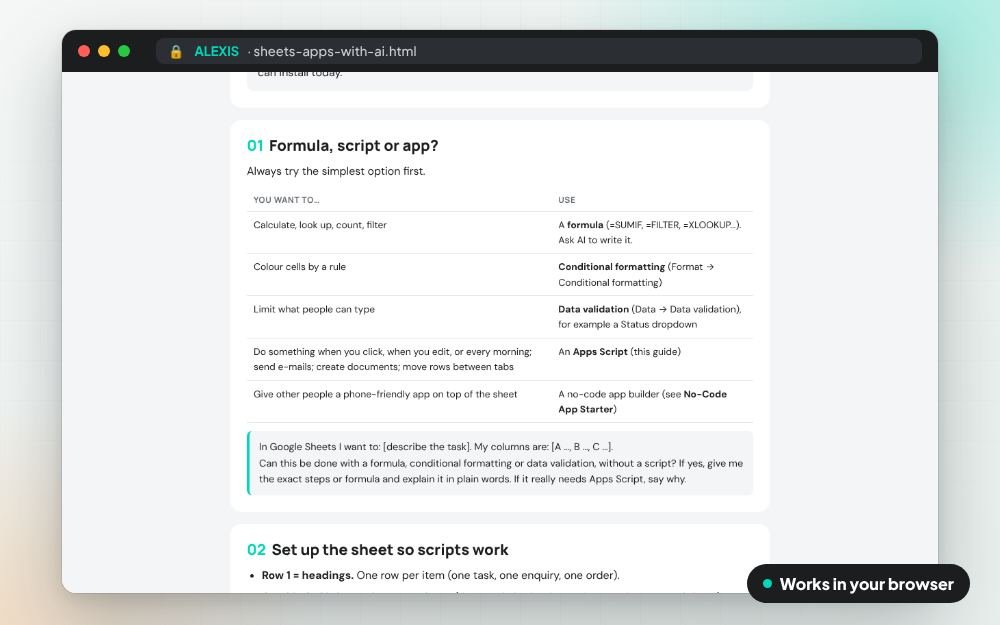 Google Sheets Tools with AI: The guide on screen: you fill it in, it does the sums and keeps your answers.