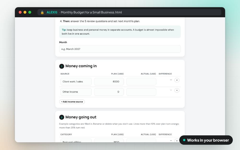 Monthly Budget for a Small Business: The small app on screen: you fill it in, it does the sums and keeps your answers.