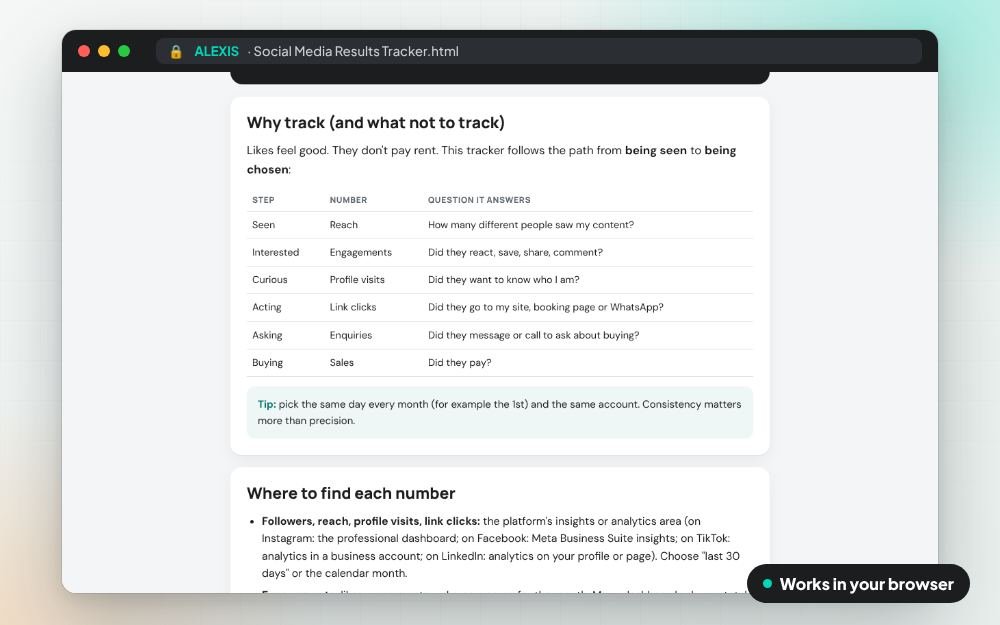 Social Media Results Tracker: The small app on screen: you fill it in, it does the sums and keeps your answers.