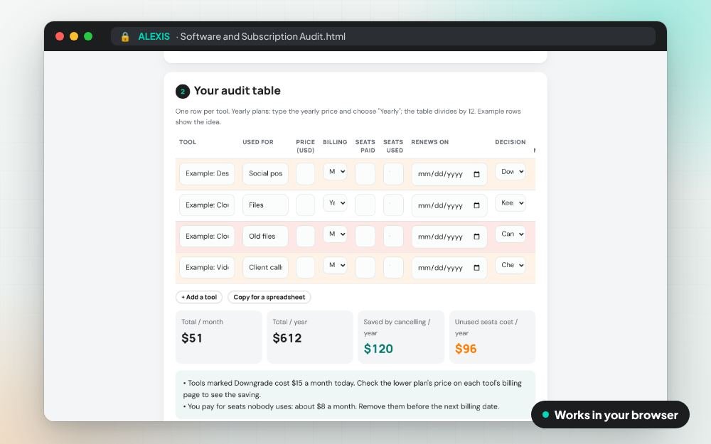 Software and Subscription Audit: The small app on screen: you fill it in, it does the sums and keeps your answers.