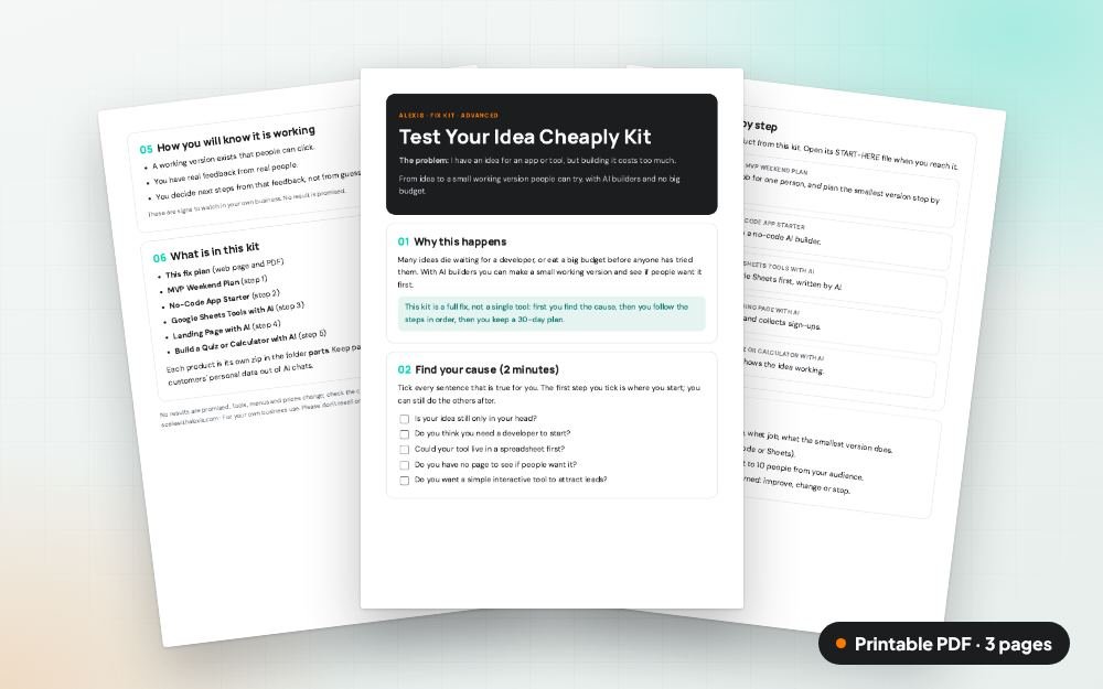 Test Your Idea Cheaply Kit: The printable PDF: the same content to print, save or share.