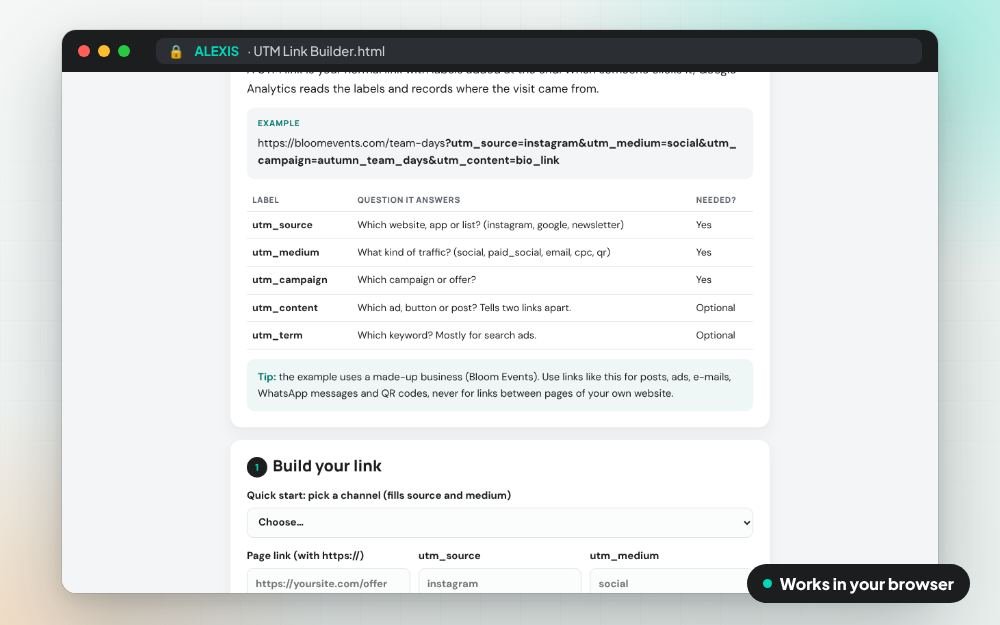 UTM Link Builder: The small app on screen: you fill it in, it does the sums and keeps your answers.