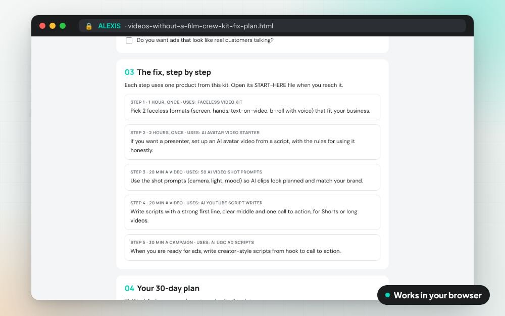 Videos Without a Film Crew Kit: The fix kit on screen: you fill it in, it does the sums and keeps your answers.