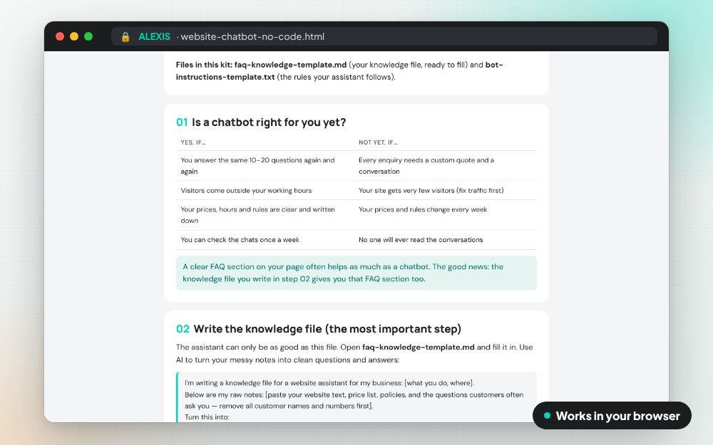 Website Chatbot, No Code: The templates on screen: you fill it in, it does the sums and keeps your answers.