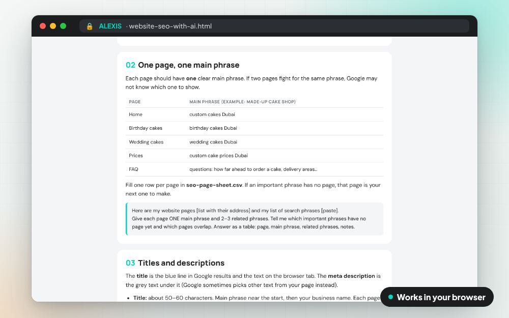 Website SEO with AI: The templates on screen: you fill it in, it does the sums and keeps your answers.