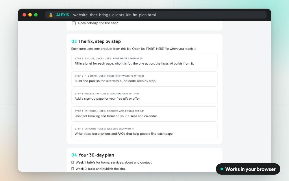 Website That Brings Clients Kit: The fix kit on screen: you fill it in, it does the sums and keeps your answers.