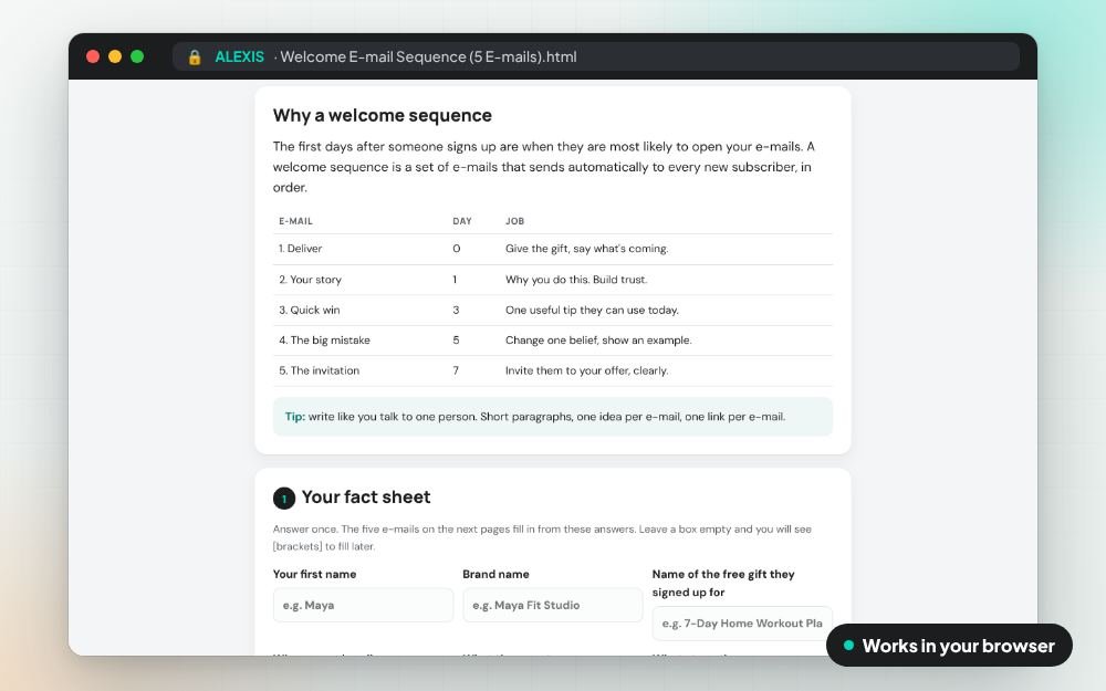Welcome E-mail Sequence (5 E-mails): The small app on screen: you fill it in, it does the sums and keeps your answers.