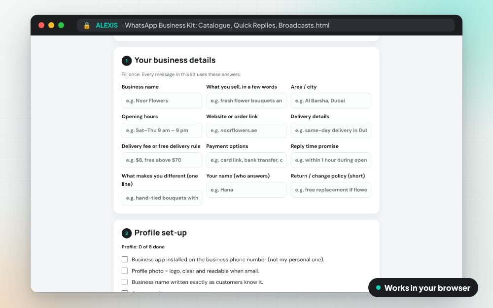 WhatsApp Business Kit: Catalogue, Quick Replies, Broadcasts: The workbook on screen: you fill it in, it does the sums and keeps your answers.
