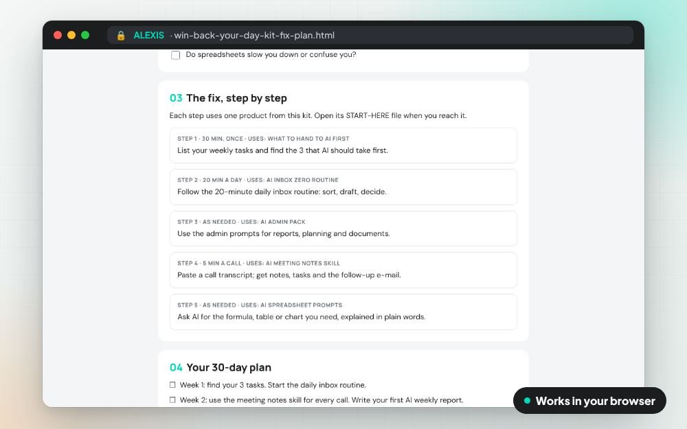 Win Back Your Day Kit: The fix kit on screen: you fill it in, it does the sums and keeps your answers.