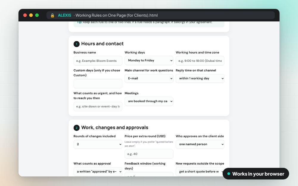 Working Rules on One Page (for Clients): The small app on screen: you fill it in, it does the sums and keeps your answers.