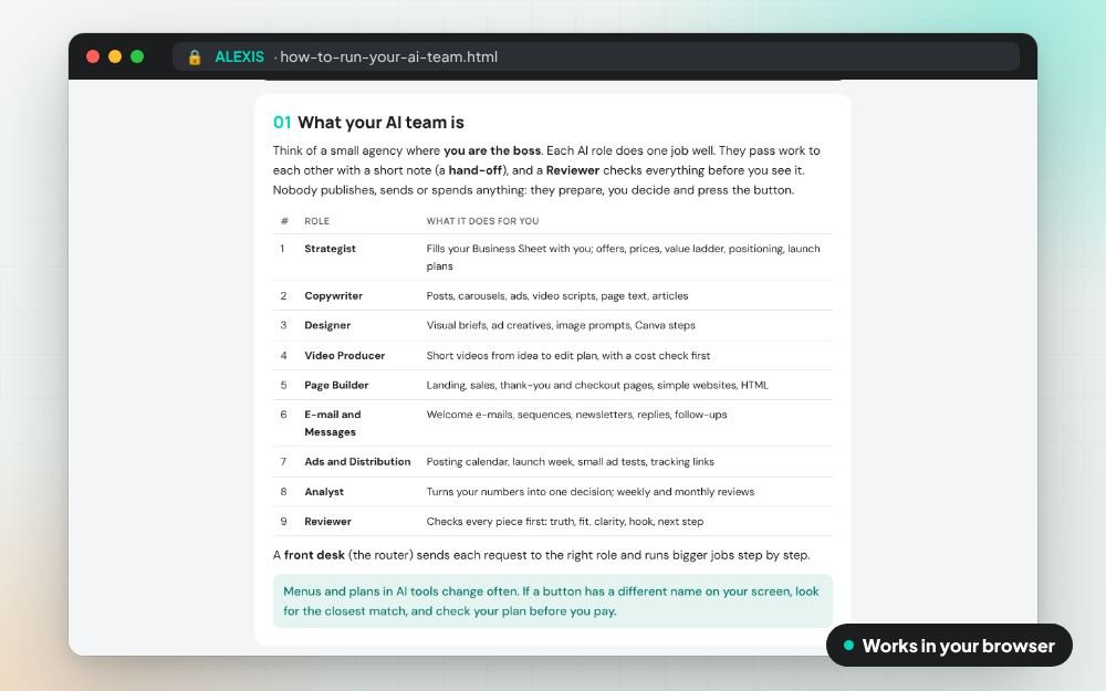 Your AI Team: The ai skill on screen: you fill it in, it does the sums and keeps your answers.
